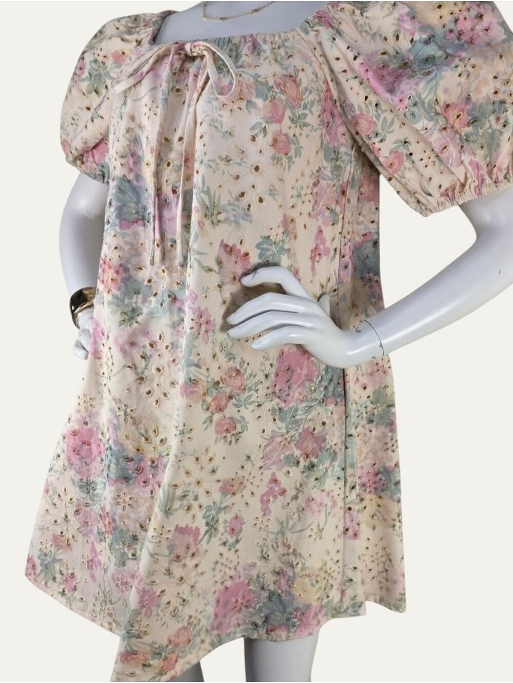 GeeGee Floral Eyelet Puff Sleeve Babydoll Dress Pockets Coquette NWT Small - Picture 6 of 14